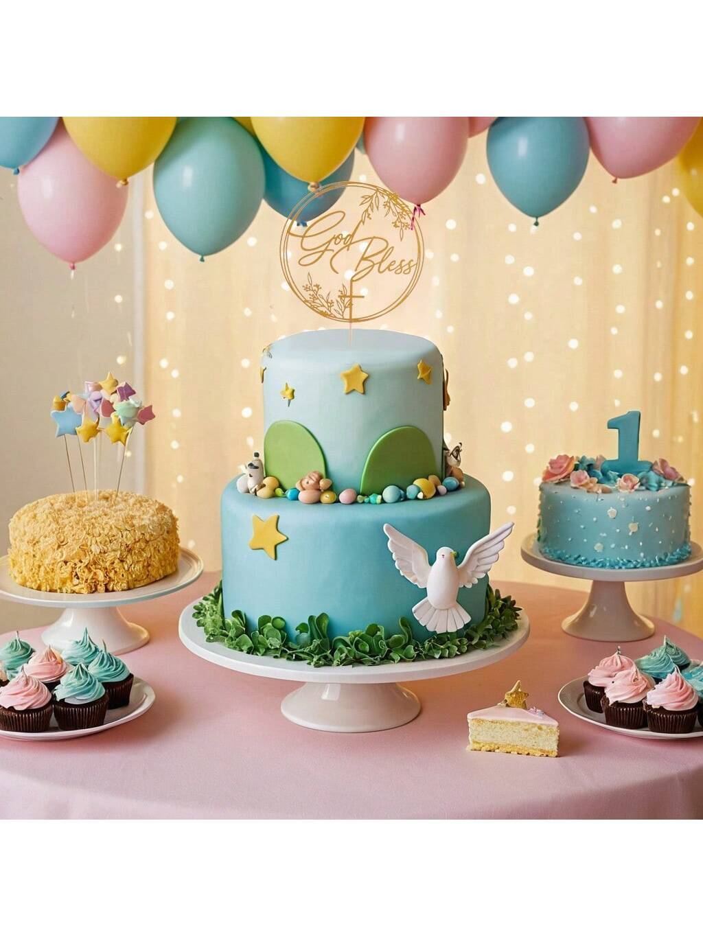 1Pc Mi Bautizo Gold Cake Topper - Divine Blessings Elegant Cake Decor for Celebrations, Baptisms & Milestones Decoration, Back to School Valentine Day