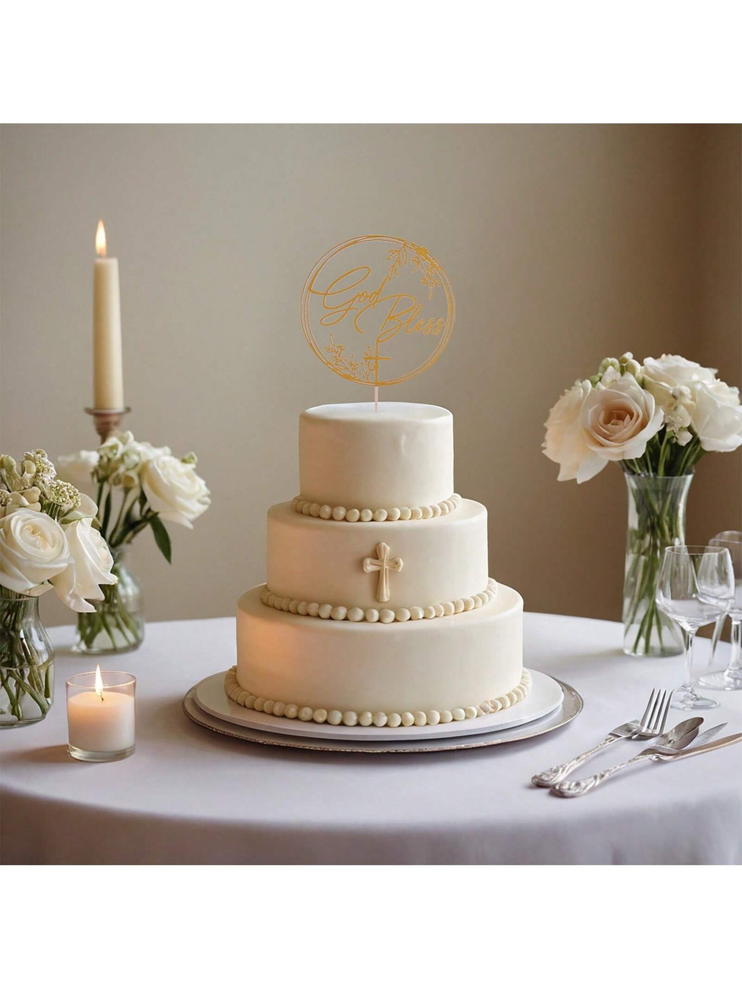 1Pc Mi Bautizo Gold Cake Topper - Divine Blessings Elegant Cake Decor for Celebrations, Baptisms & Milestones Decoration, Back to School Valentine Day