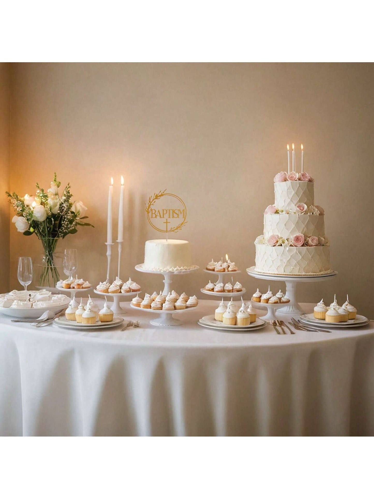 1Pc Mi Bautizo Gold Cake Topper - Divine Blessings Elegant Cake Decor for Celebrations, Baptisms & Milestones Decoration, Back to School Valentine Day
