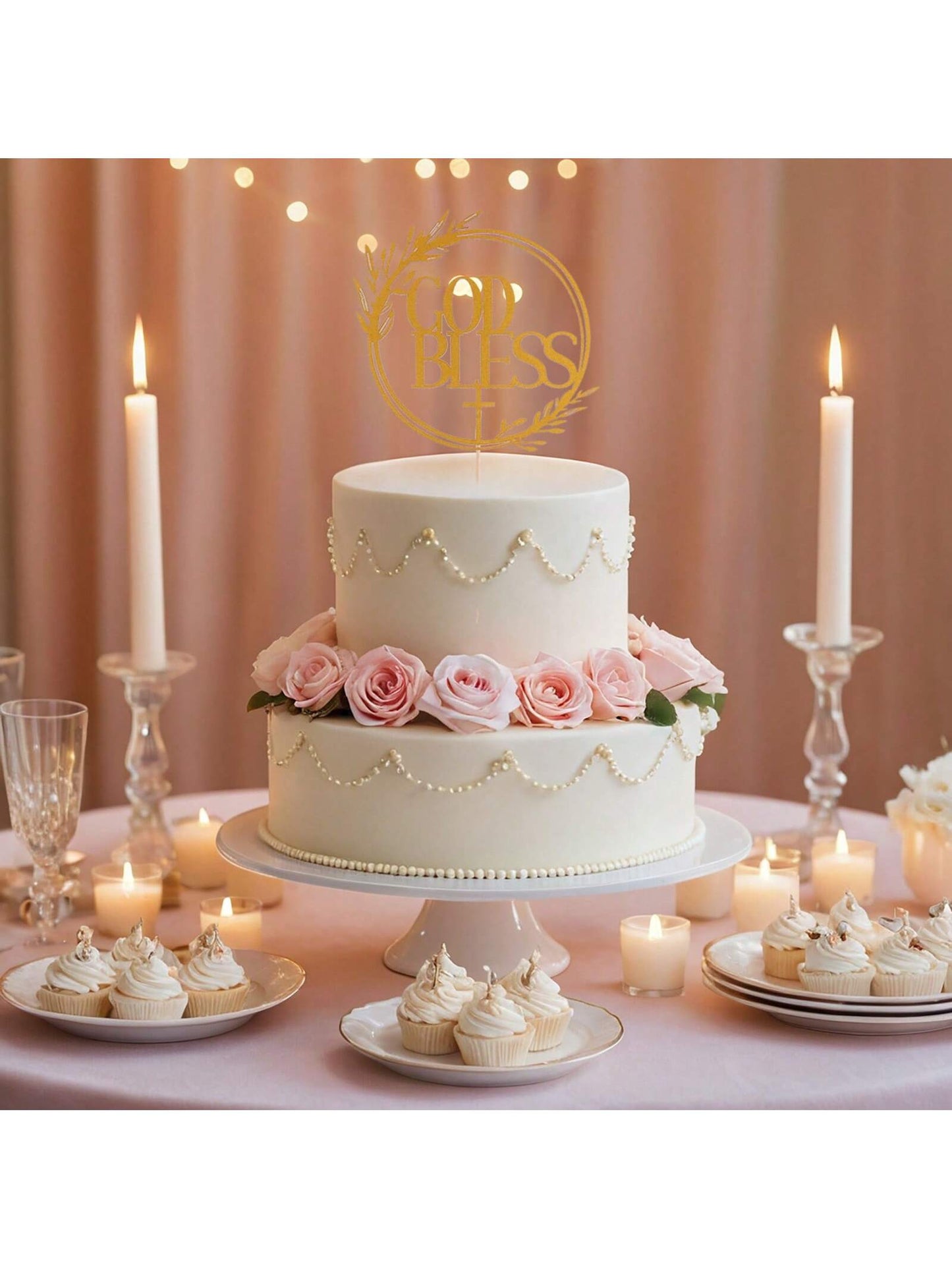 1Pc Mi Bautizo Gold Cake Topper - Divine Blessings Elegant Cake Decor for Celebrations, Baptisms & Milestones Decoration, Back to School Valentine Day