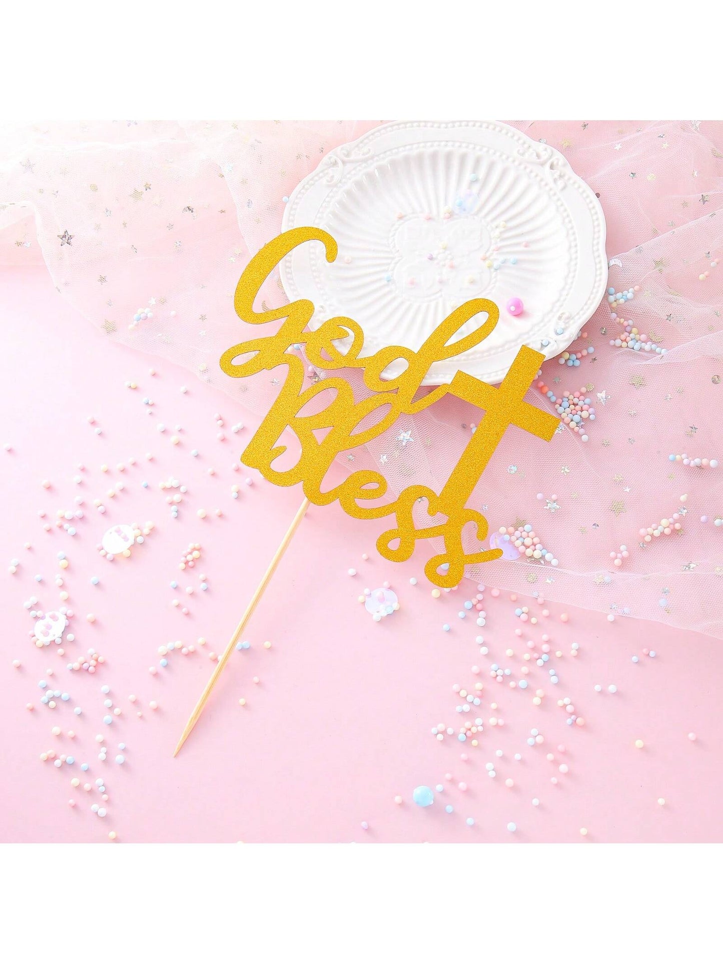 1Pc Mi Bautizo Gold Cake Topper - Divine Blessings Elegant Cake Decor for Celebrations, Baptisms & Milestones Decoration, Back to School Valentine Day