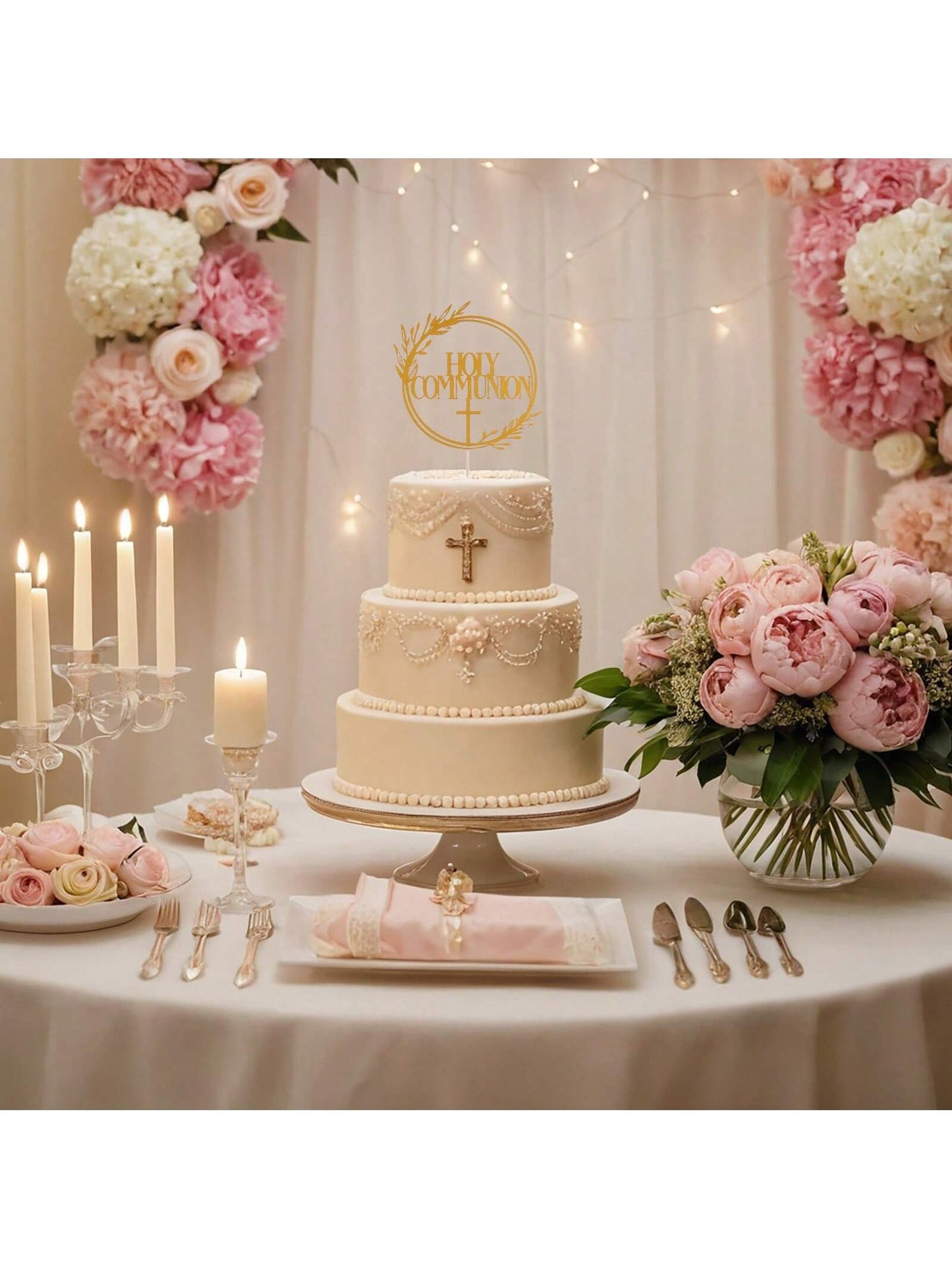 1Pc Mi Bautizo Gold Cake Topper - Divine Blessings Elegant Cake Decor for Celebrations, Baptisms & Milestones Decoration, Back to School Valentine Day