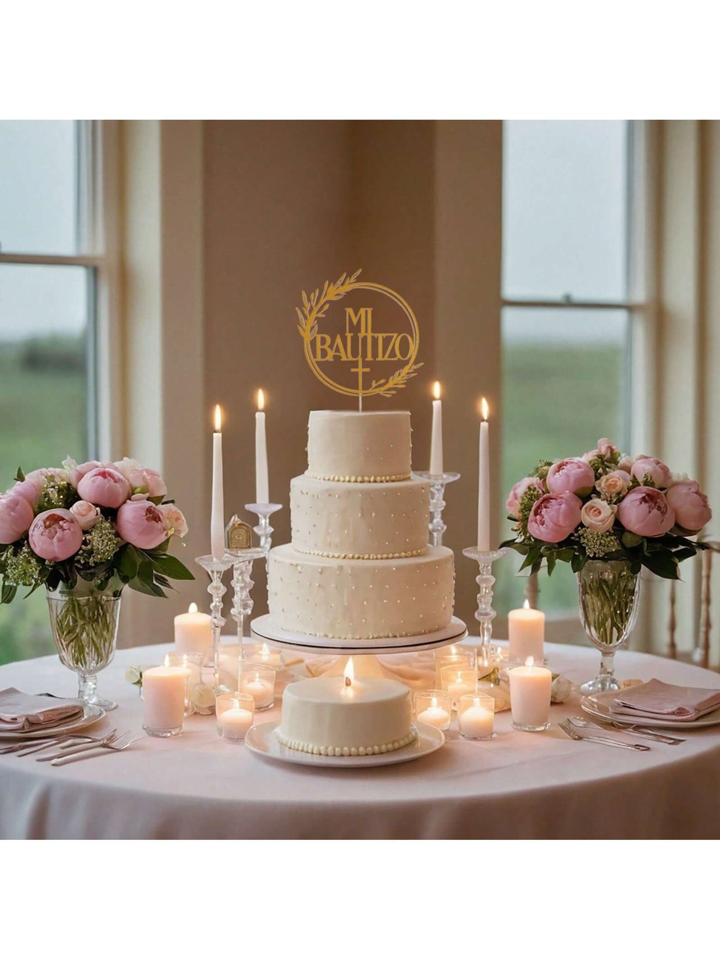 1Pc Mi Bautizo Gold Cake Topper - Divine Blessings Elegant Cake Decor for Celebrations, Baptisms & Milestones Decoration, Back to School Valentine Day