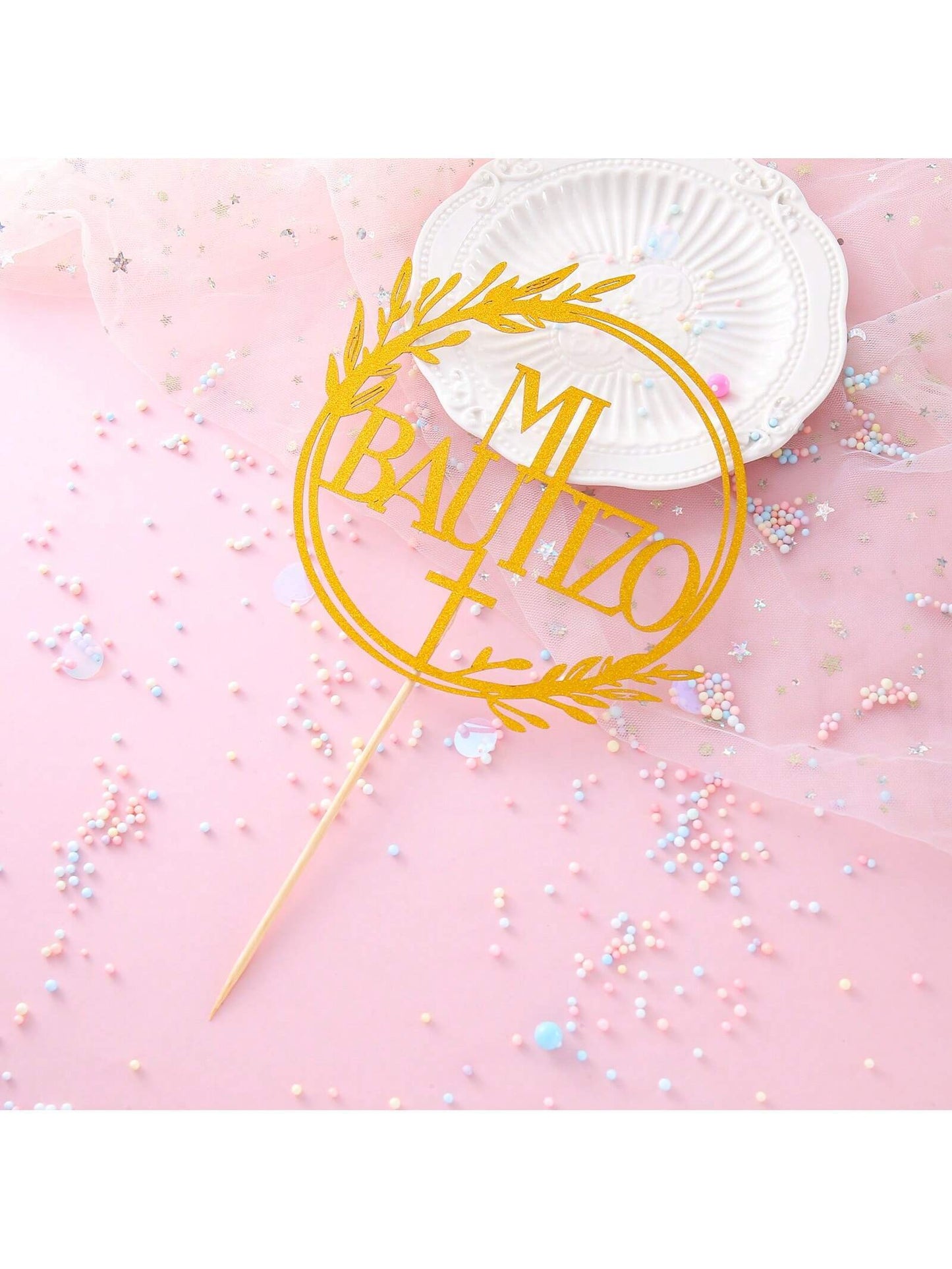 1Pc Mi Bautizo Gold Cake Topper - Divine Blessings Elegant Cake Decor for Celebrations, Baptisms & Milestones Decoration, Back to School Valentine Day