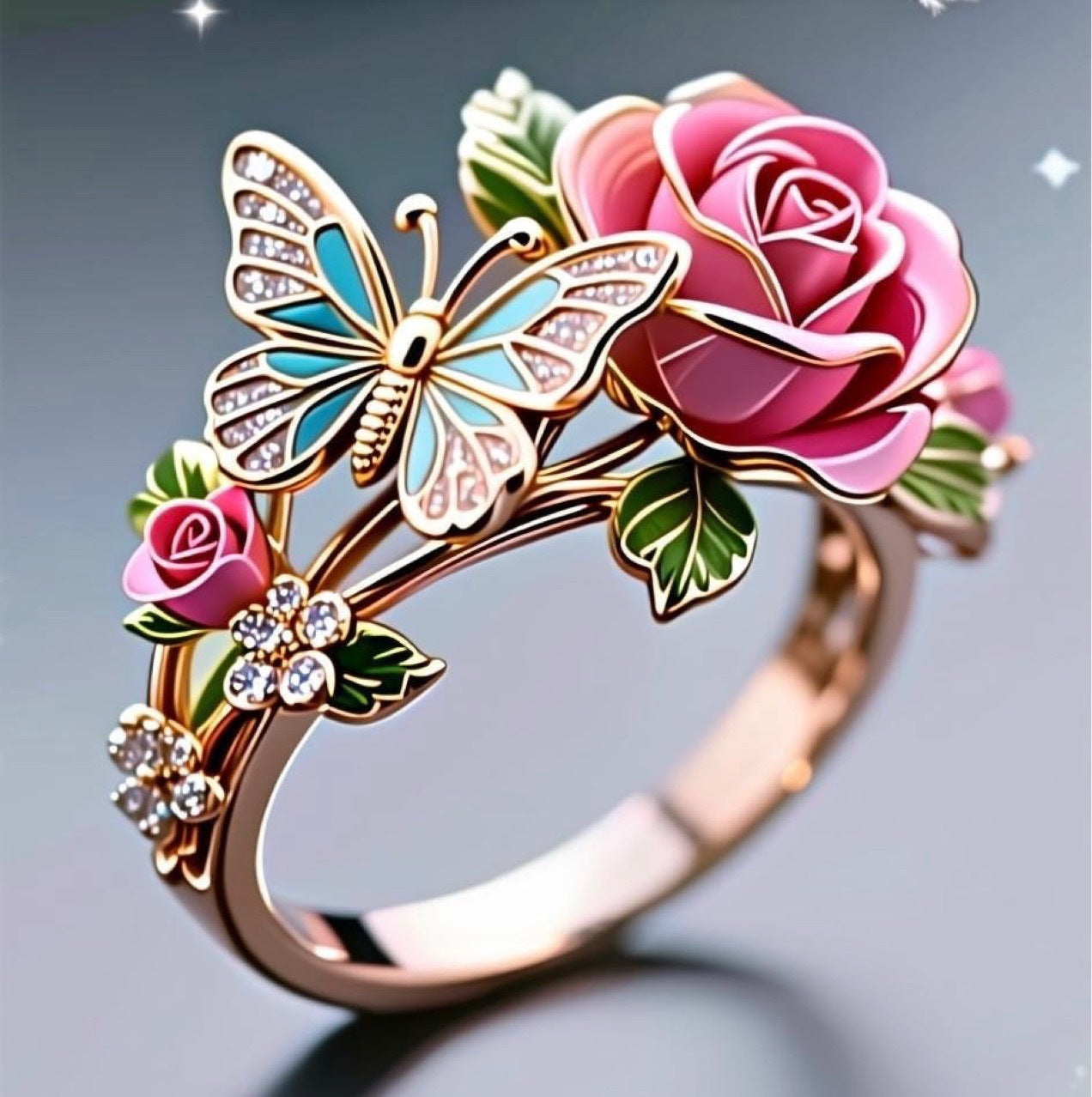 Pastoral Style Enamel Flower Branch Ring Opening Adjustable