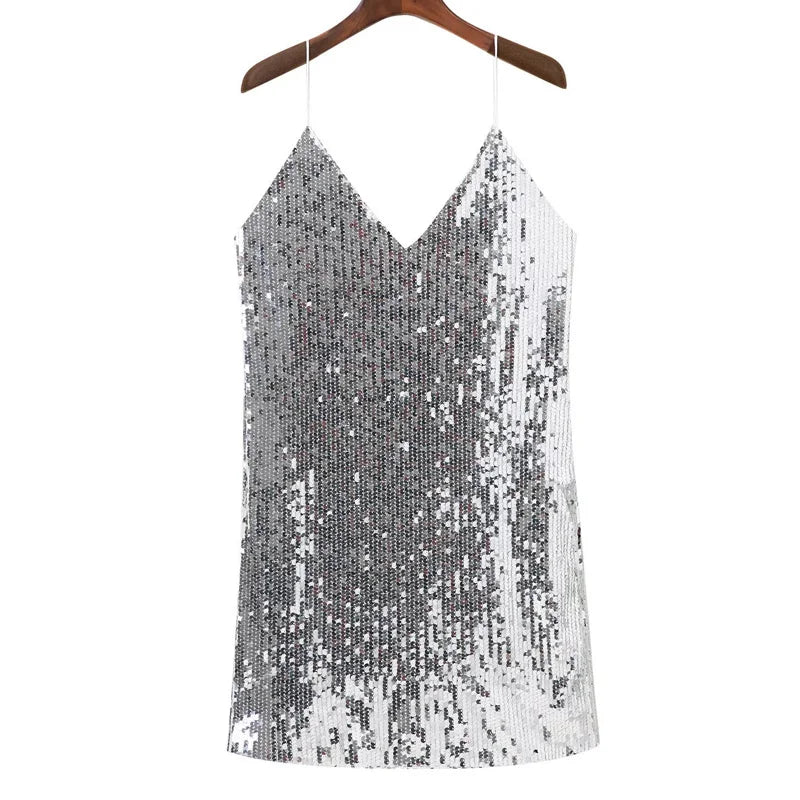 Silvia Deep V Neck Silver Sequined Backless Sexy Dresswer