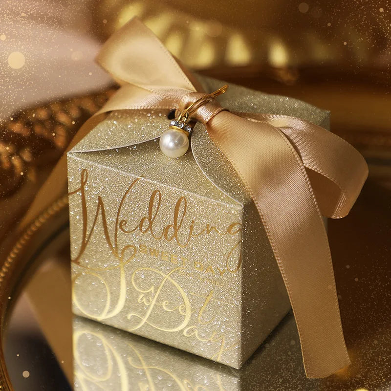 Wedding candy gift box with pearl ribbon