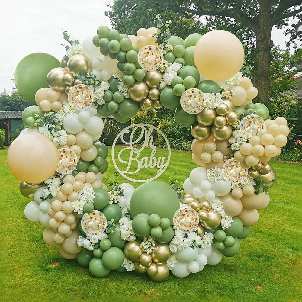 Sage Green and Gold Balloon Arch Decorative 132pcs