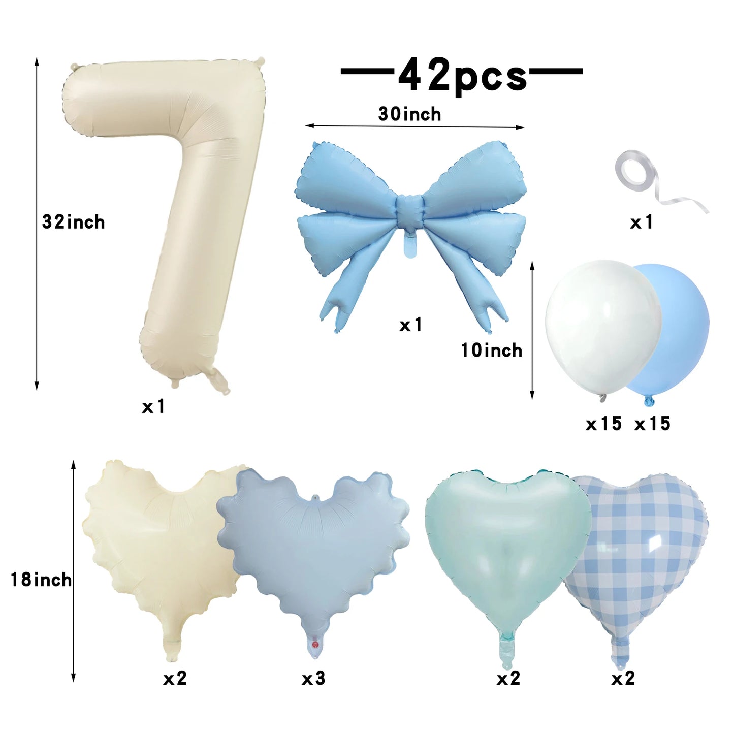 42pcs Checkered heart balloon number set light fresh blue