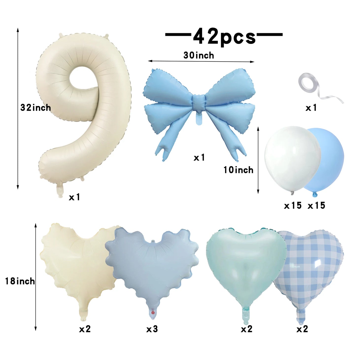 42pcs Checkered heart balloon number set light fresh blue