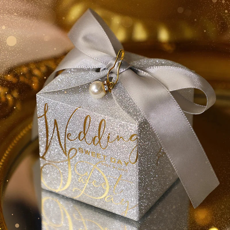 Wedding candy gift box with pearl ribbon