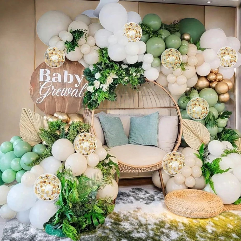 Sage Green and Gold Balloon Arch Decorative 132pcs
