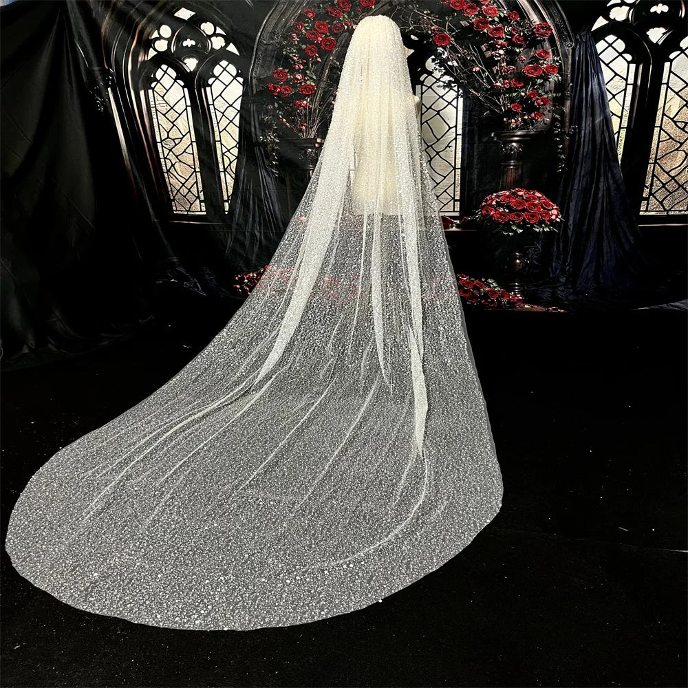 Luxury wedding veil heavy glitter beaded ivory single Tier 3M