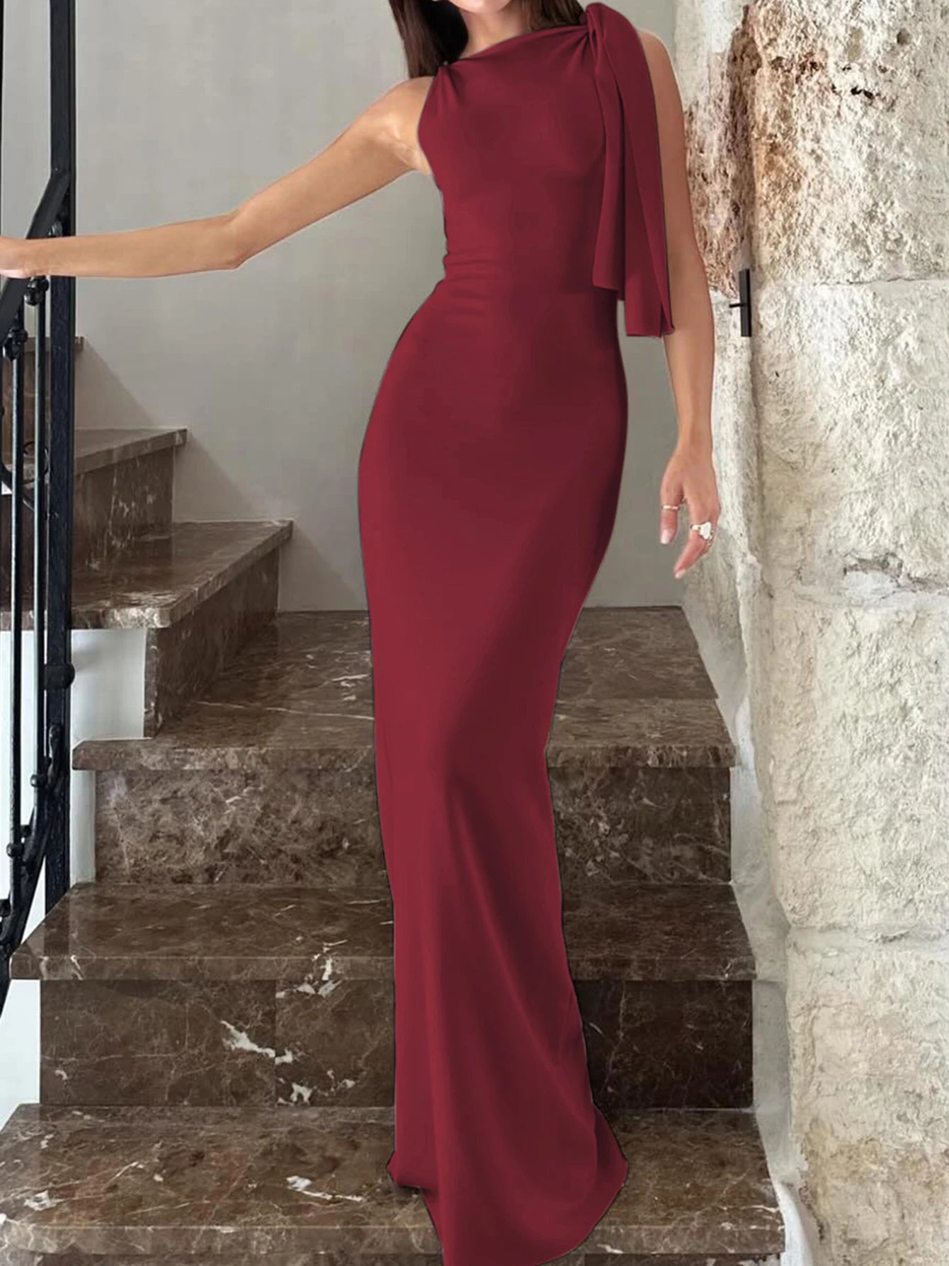 Rimma Solid O-Neck Bodycon Maxi Dress