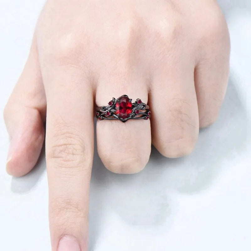 Round flower red stone rings