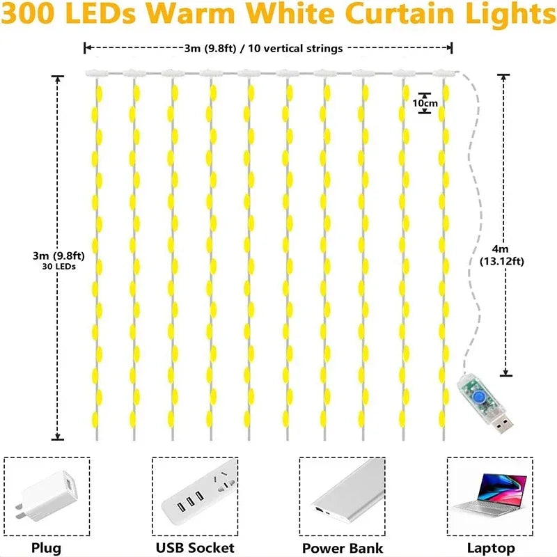 3M LED Curtain String Lights (8 Modes)