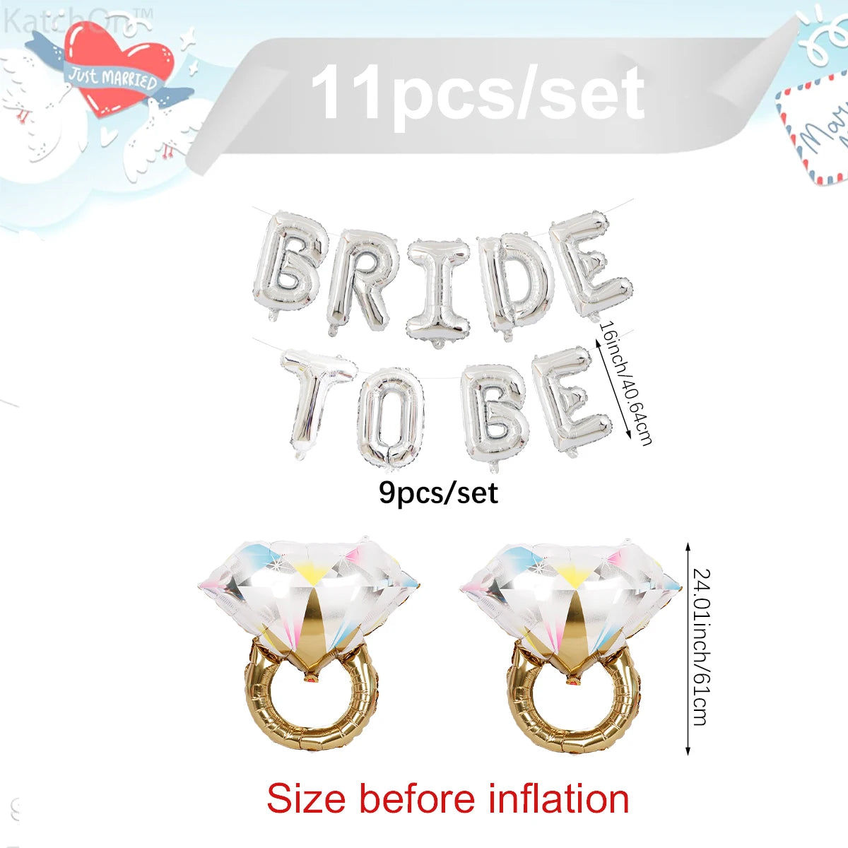 Bride to be banner & colorful diamond ring balloons 11pcs 16-inch