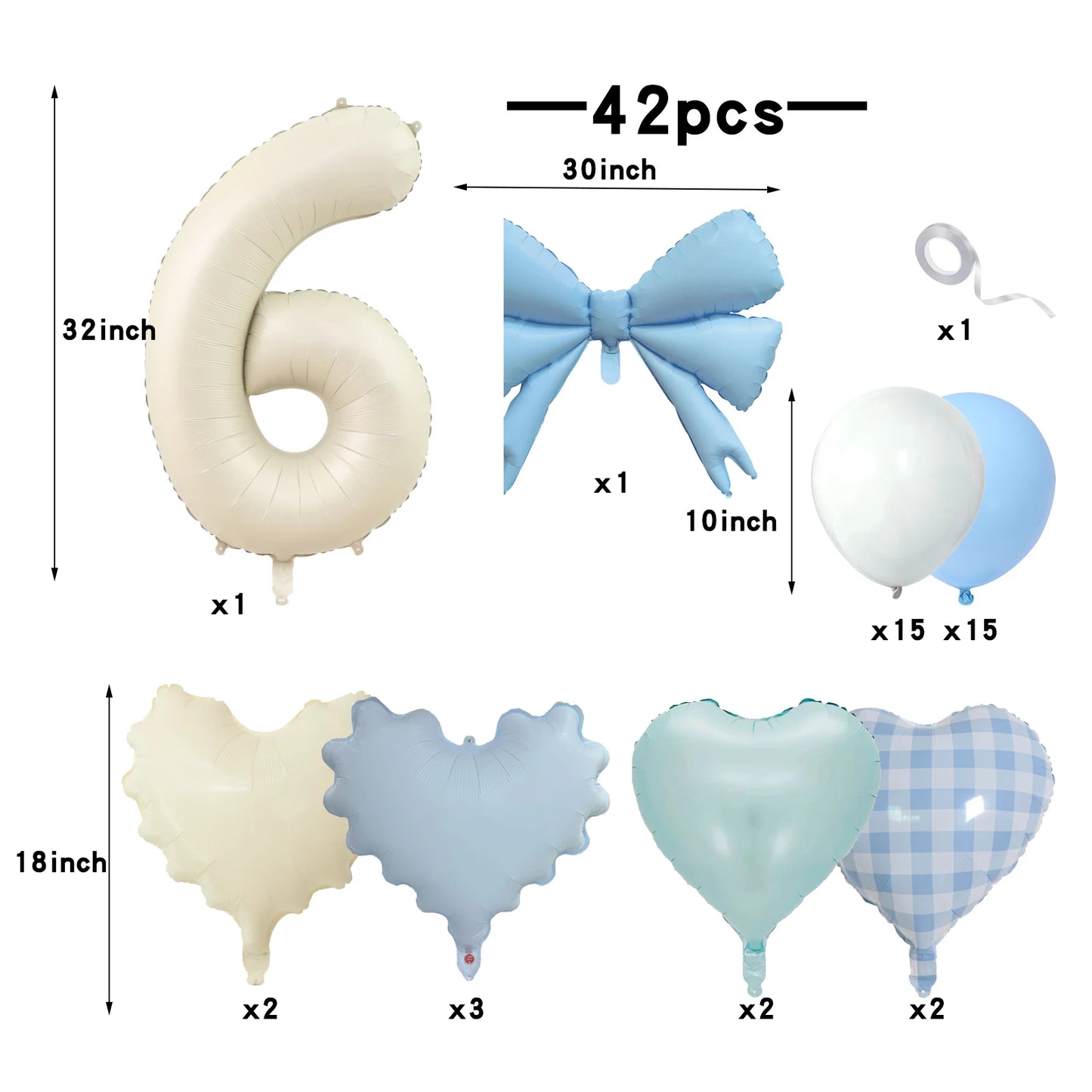 42pcs Checkered heart balloon number set light fresh blue