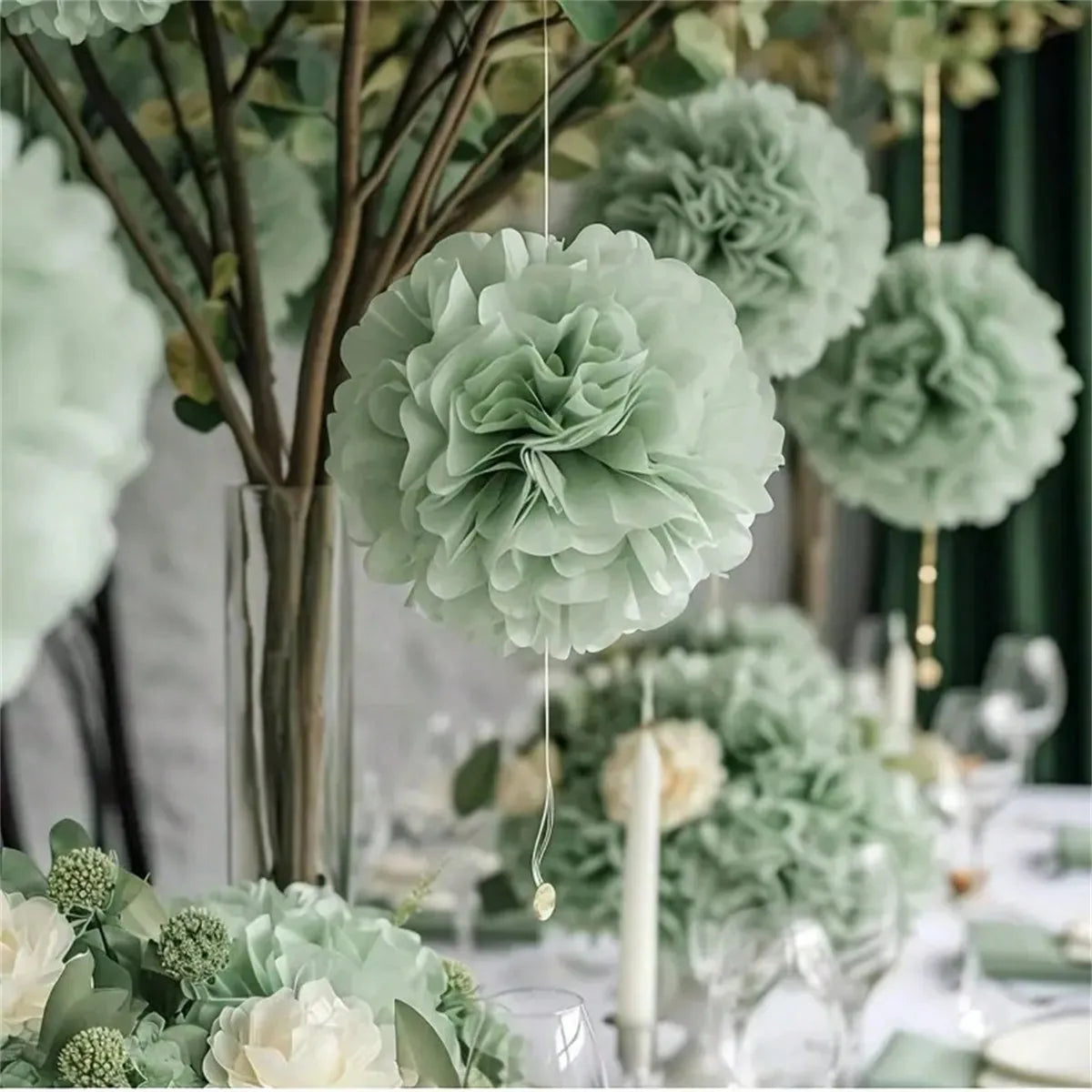 White & Light green Pom Pom Set 12pcs