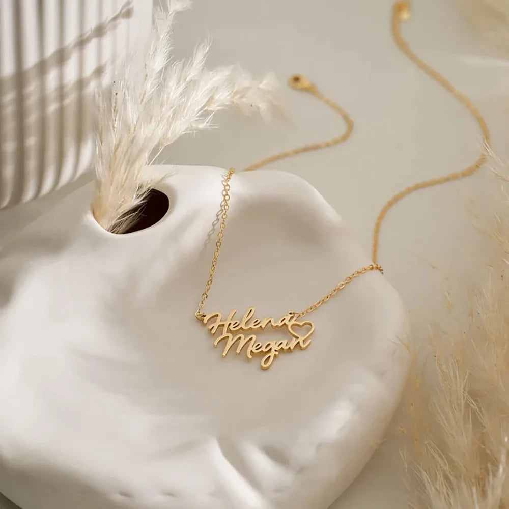 Couple necklace personalized name double with heart Love