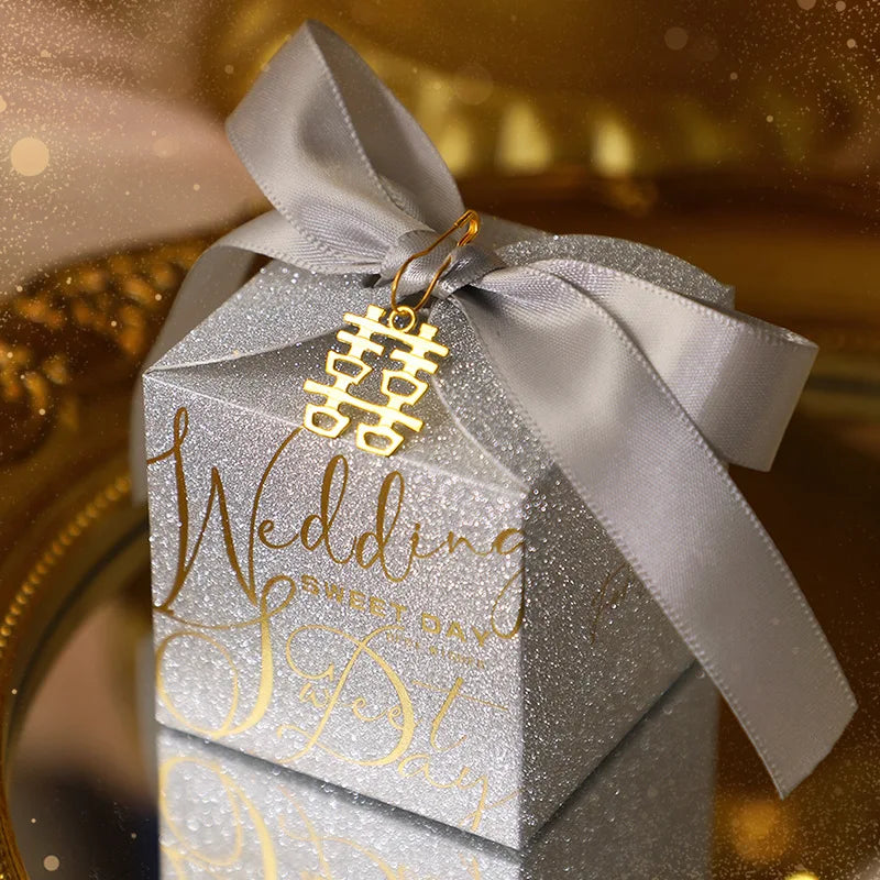 Wedding candy gift box with pearl ribbon