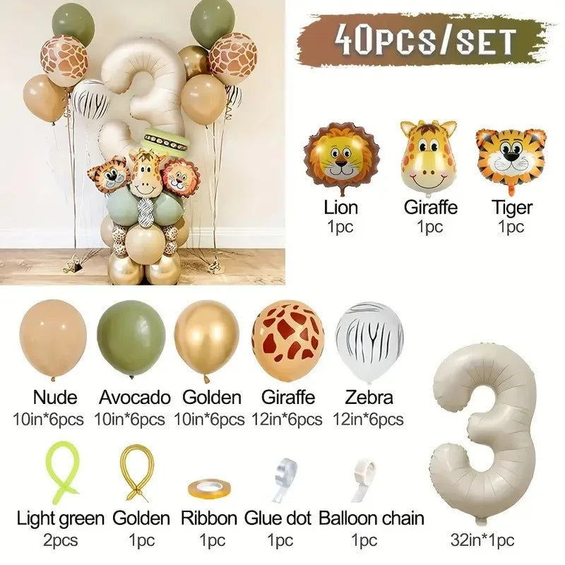 40PCS Jungle Animal Number Balloon Set