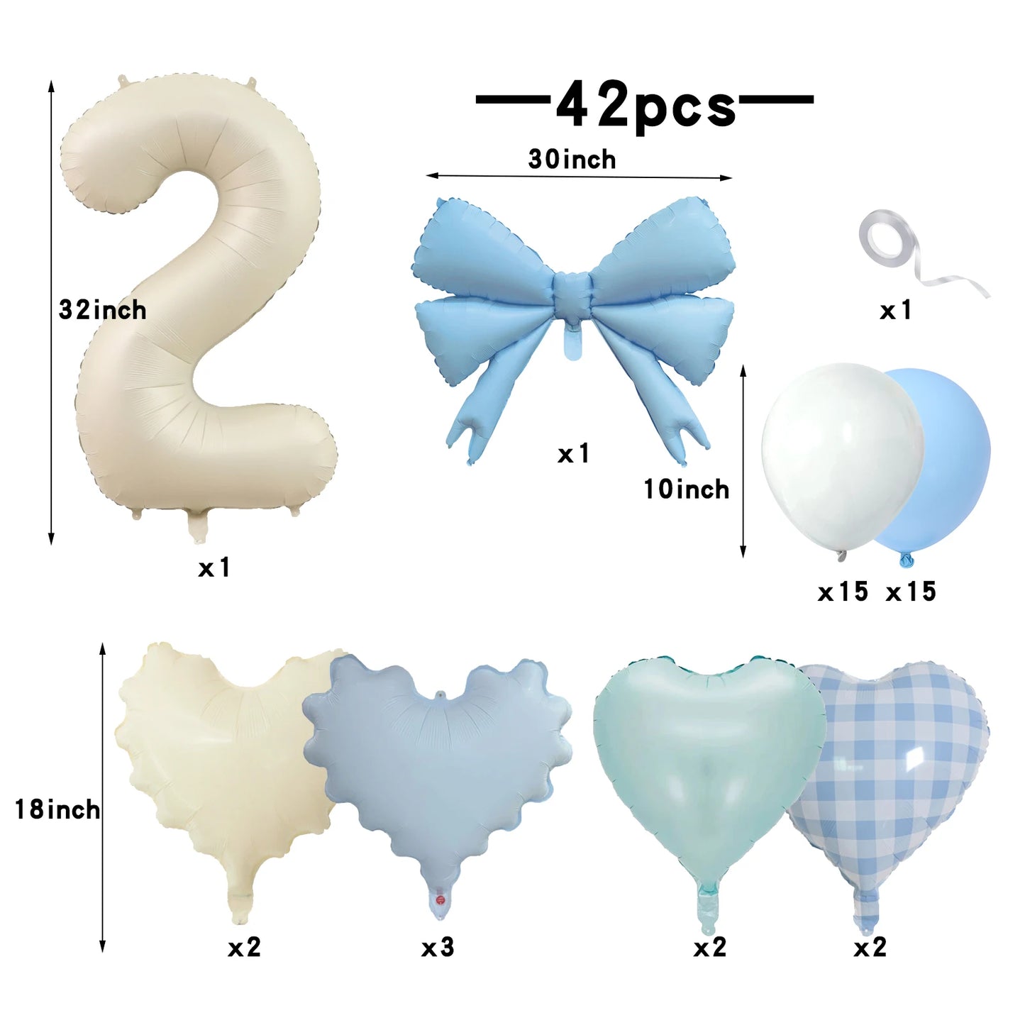 42pcs Checkered heart balloon number set light fresh blue