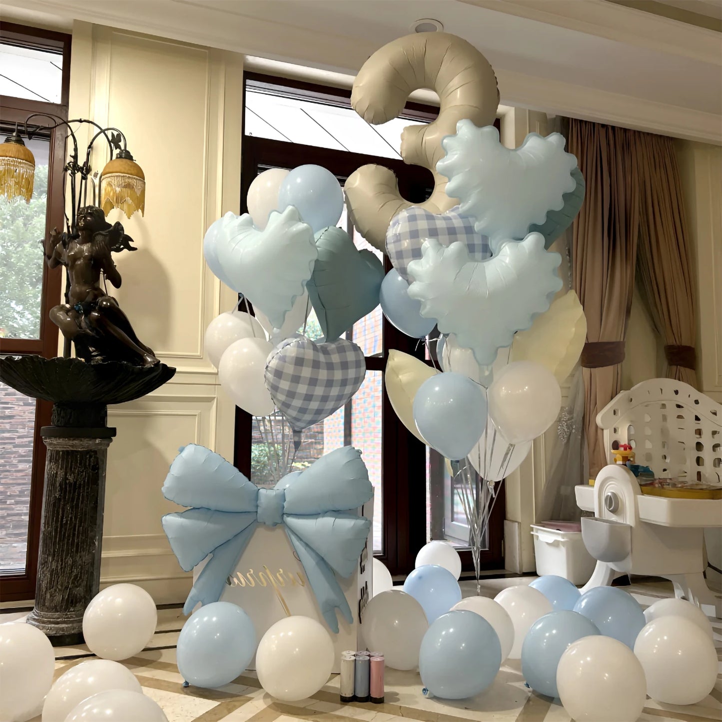 42pcs Checkered heart balloon number set light fresh blue