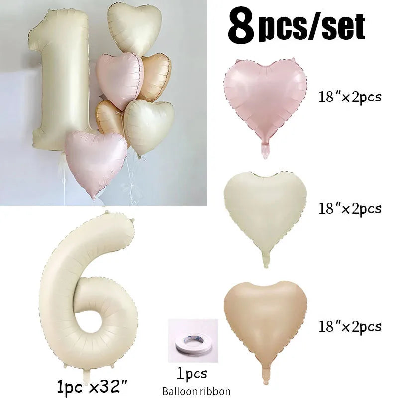 Cream color number with hearts foil Balloons 8pcs