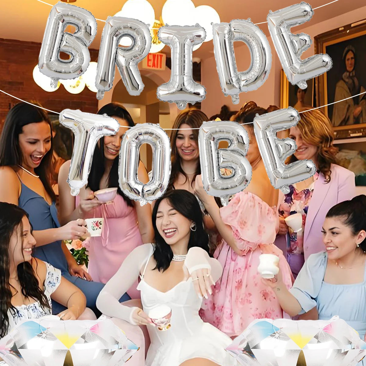 Bride to be banner & colorful diamond ring balloons 11pcs 16-inch