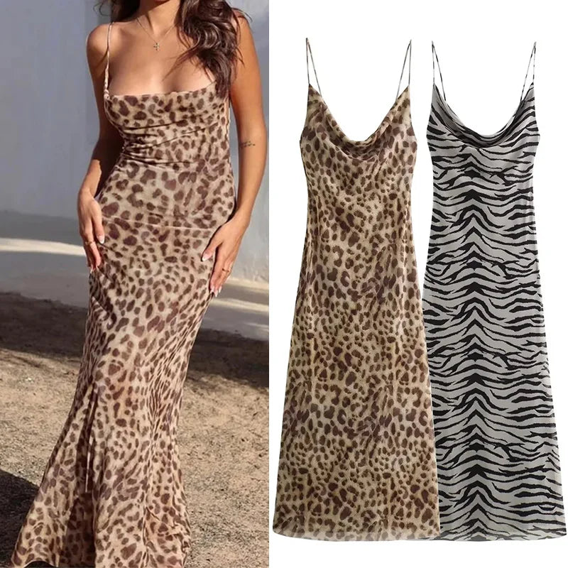 Violitta Leopard Tulle Slip Dress – Backless Vintage Midi