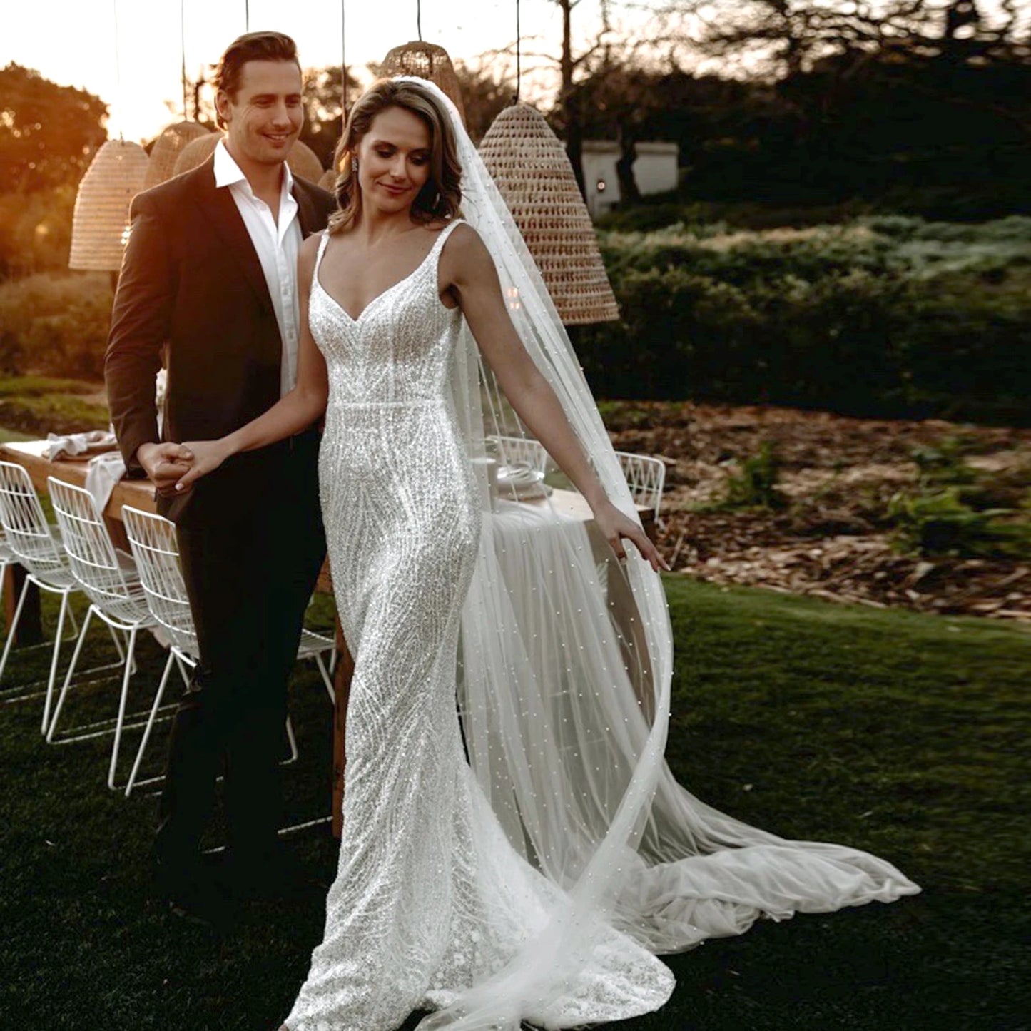 Short Wedding Veil for Bride Pearls