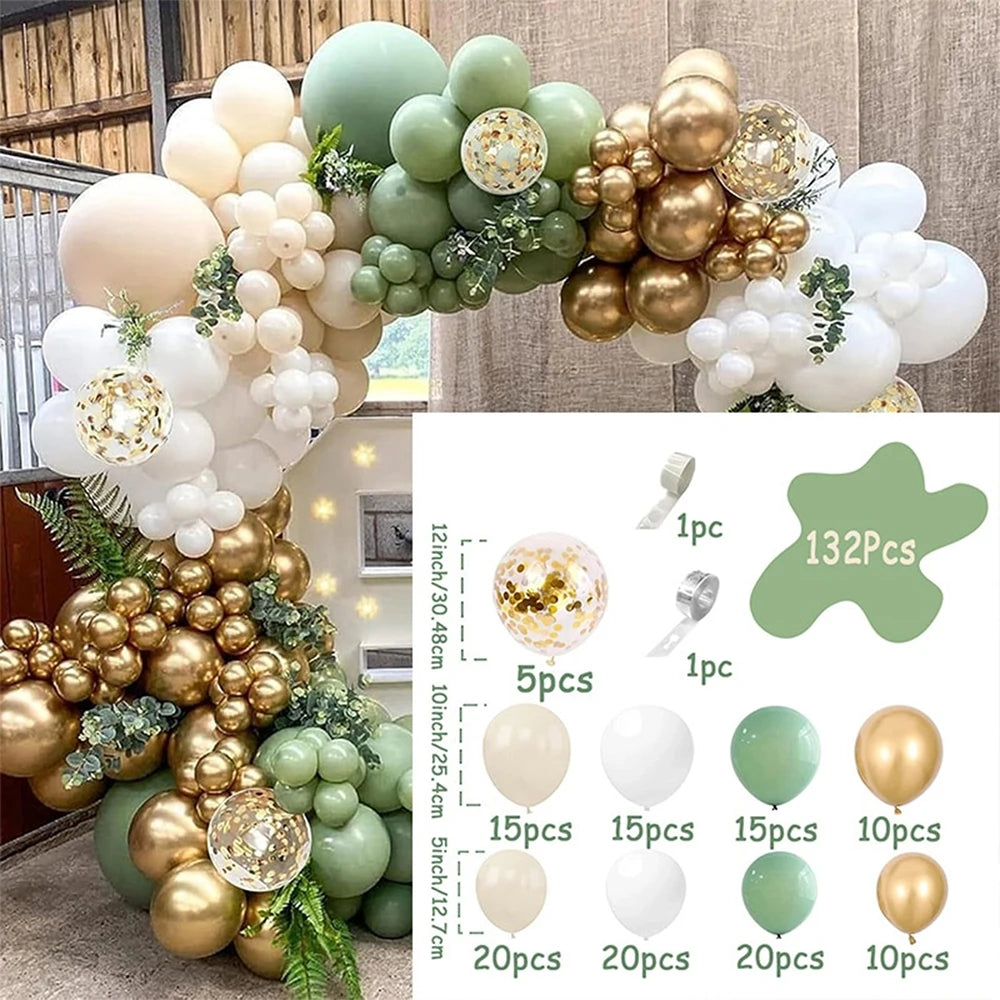 Sage Green and Gold Balloon Arch Decorative 132pcs