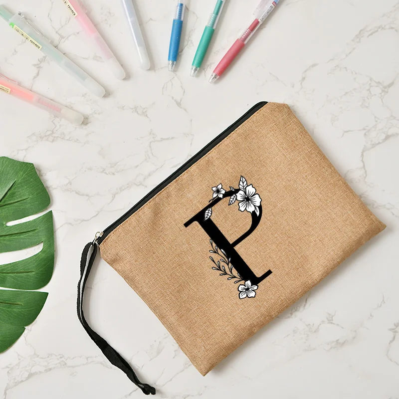 Letter print cosmetic linen makeup bag