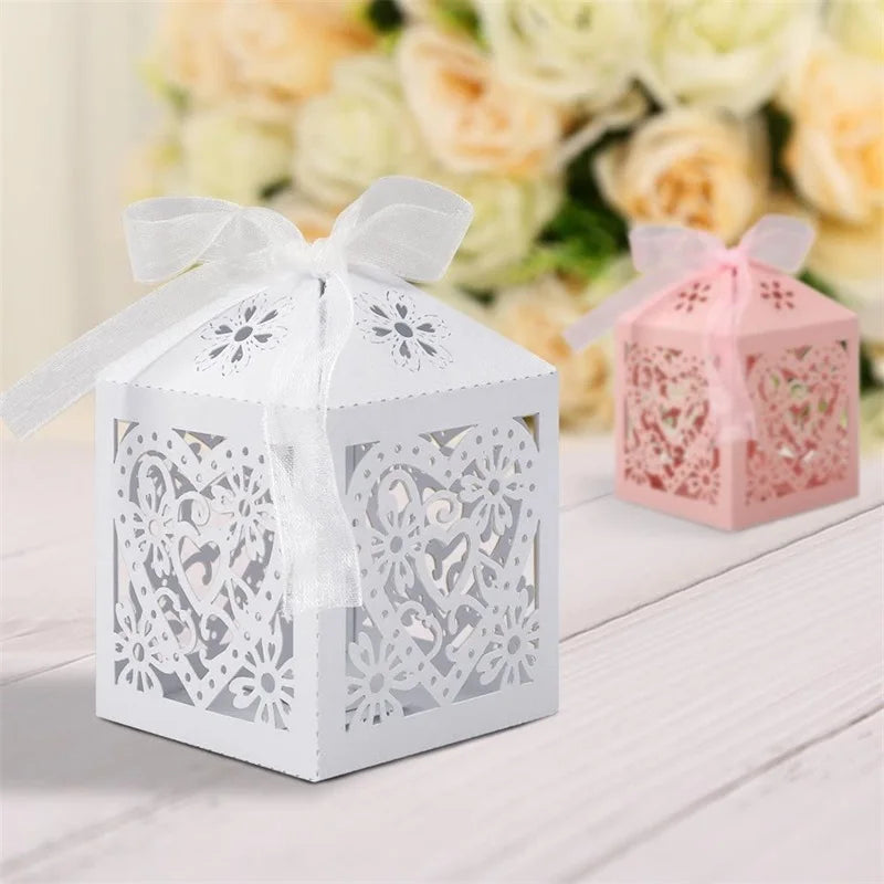 White Love heart candy Gift Box with ribbon 10/50pcs