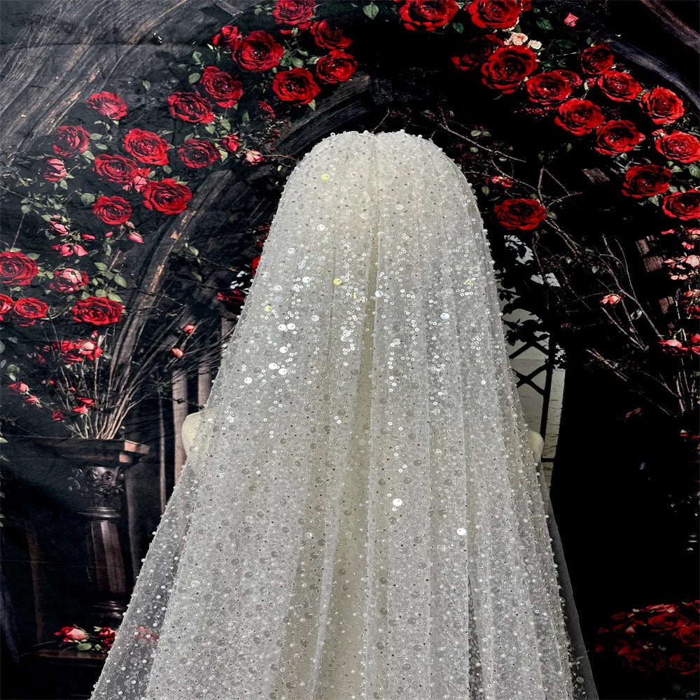 Luxury wedding veil heavy glitter beaded ivory single Tier 3M