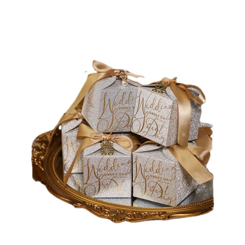 Wedding candy gift box with pearl ribbon
