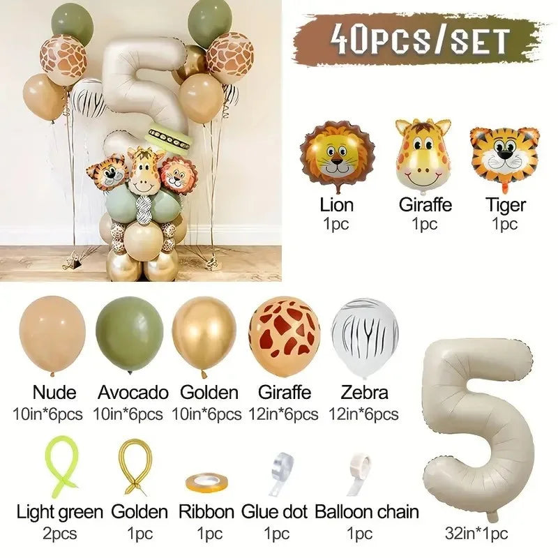 40PCS Jungle Animal Number Balloon Set