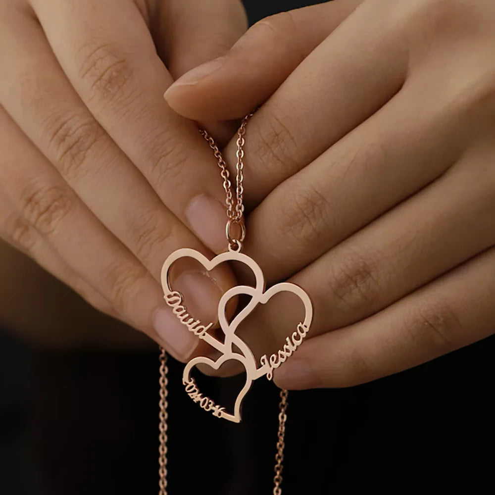 Customized 2-5 Hearts name pendant family necklace