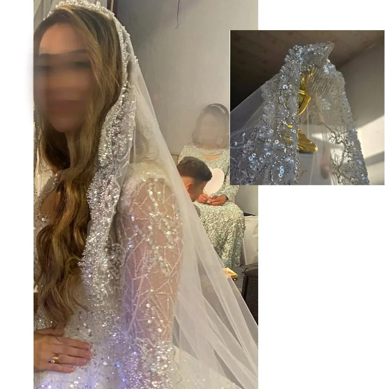 Full crystal pearl lace veil