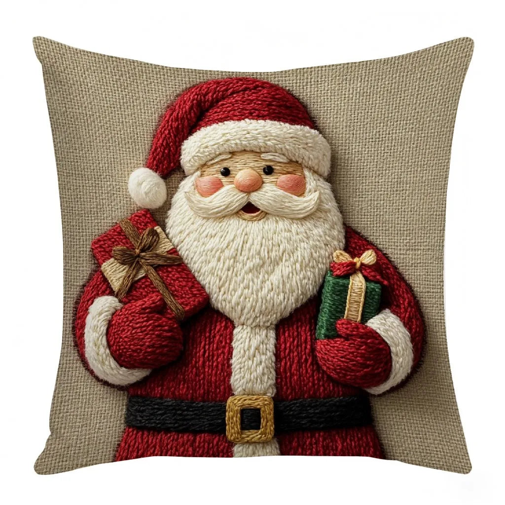 45cm Grey & Red Christmas Pillow – Santa, Snowman & Elk
