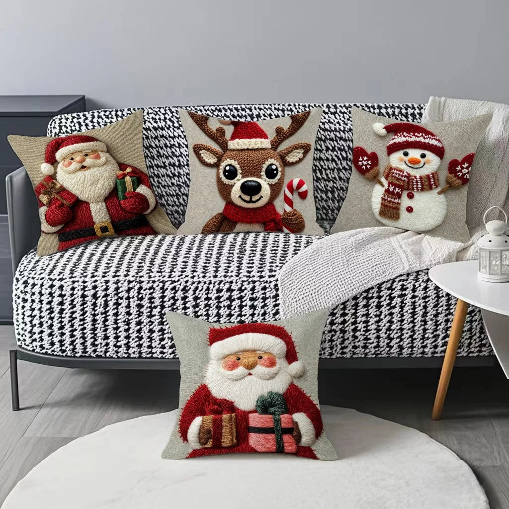 45cm Grey & Red Christmas Pillow – Santa, Snowman & Elk