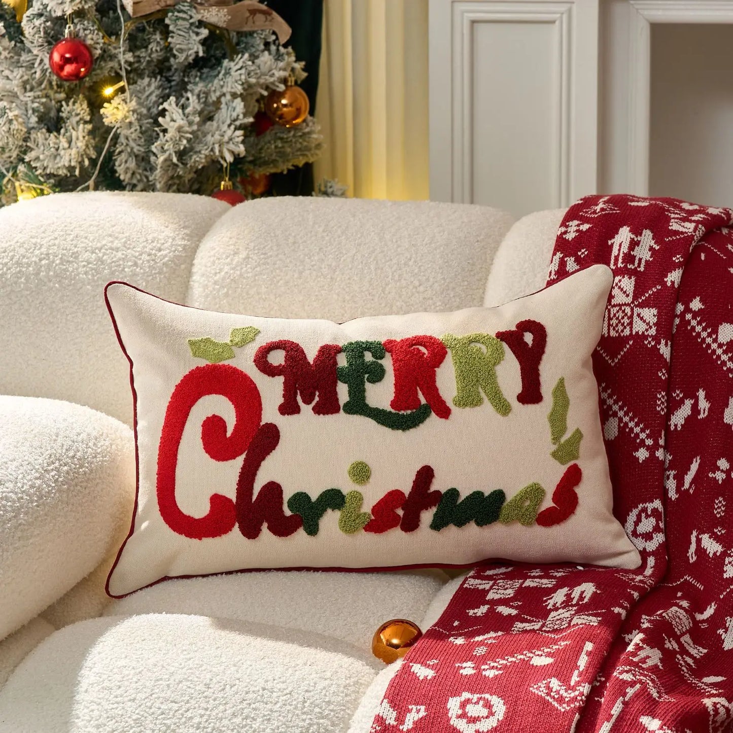 Embroidered Merry Christmas Cushion Cover