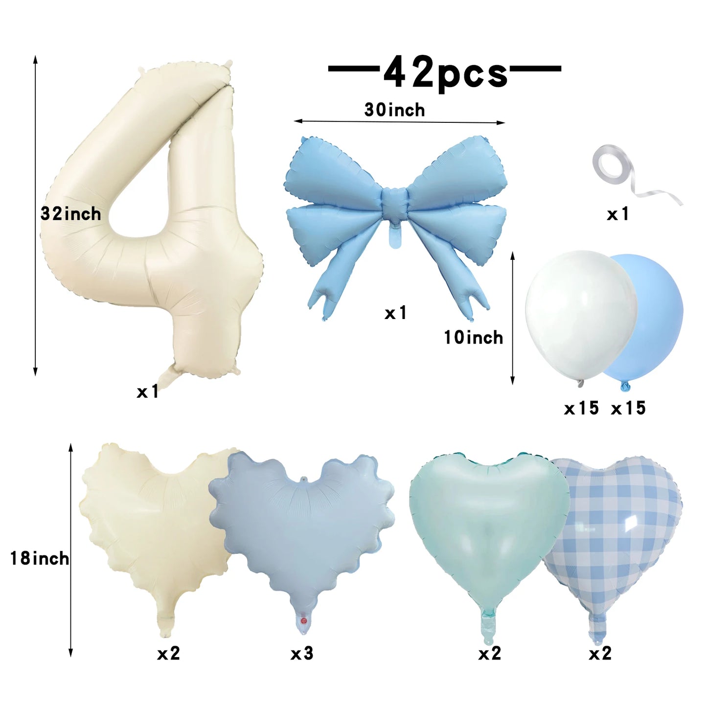42pcs Checkered heart balloon number set light fresh blue