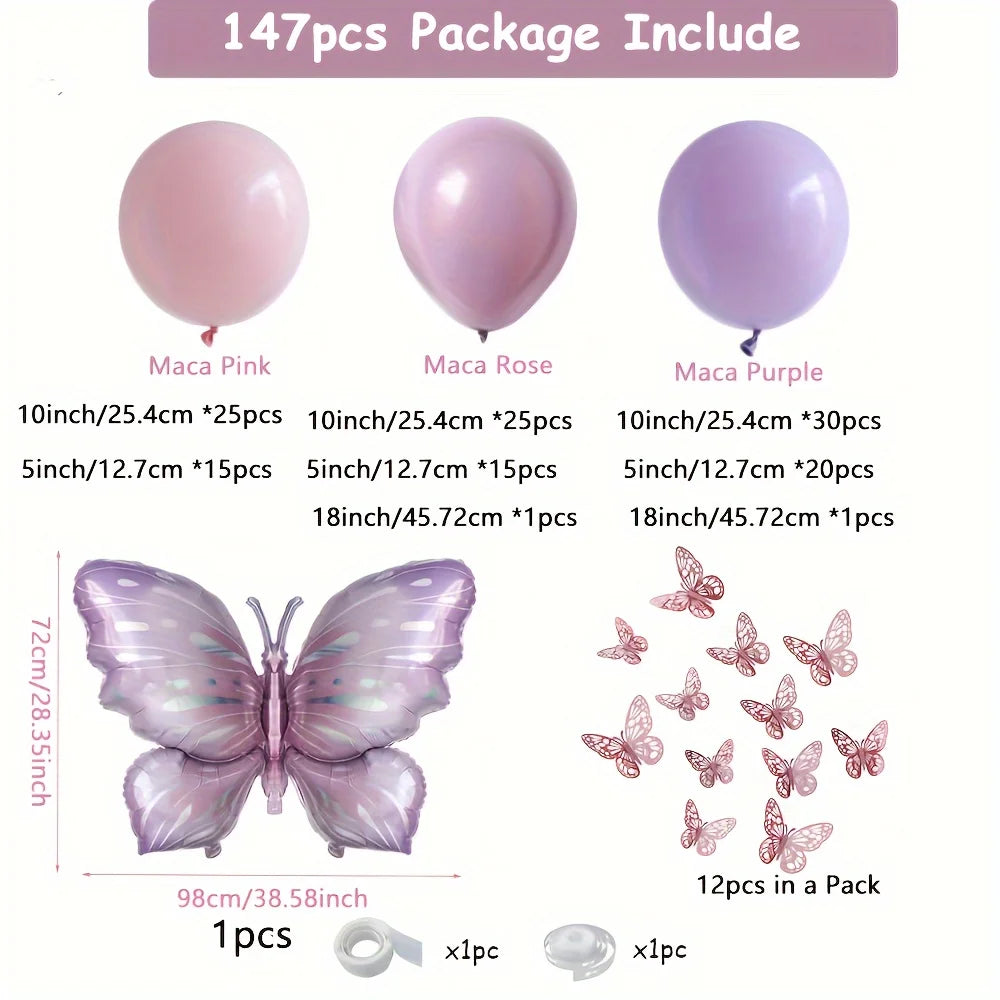 147PCS Purple Butterfly Balloon Arch Set
