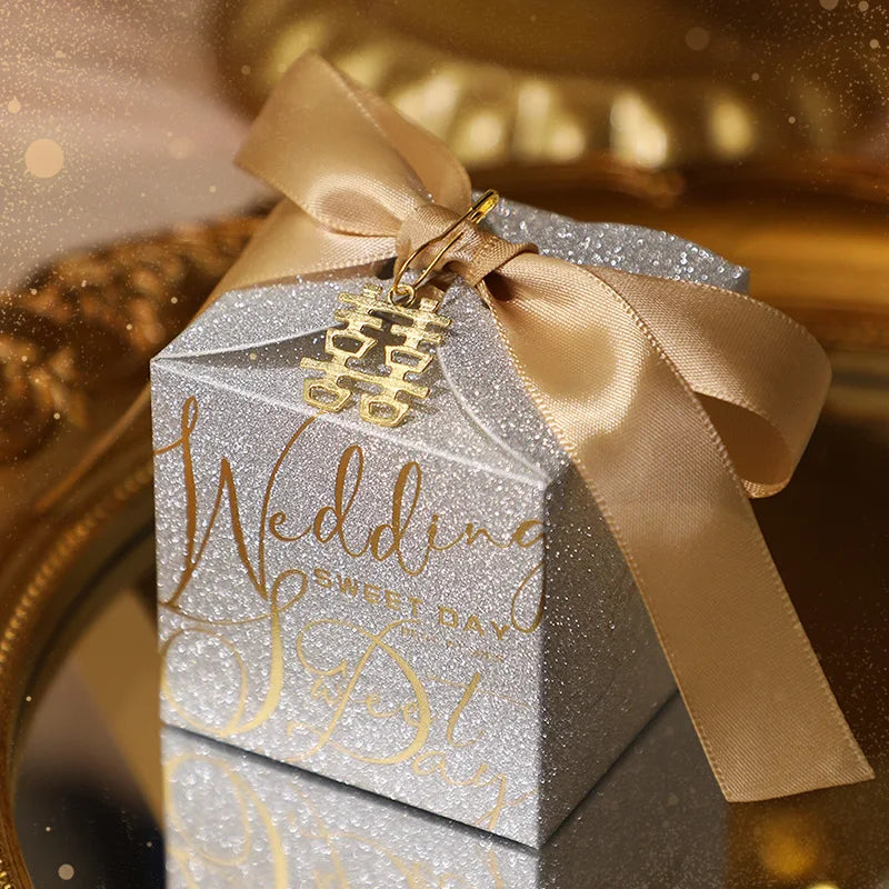 Wedding candy gift box with pearl ribbon