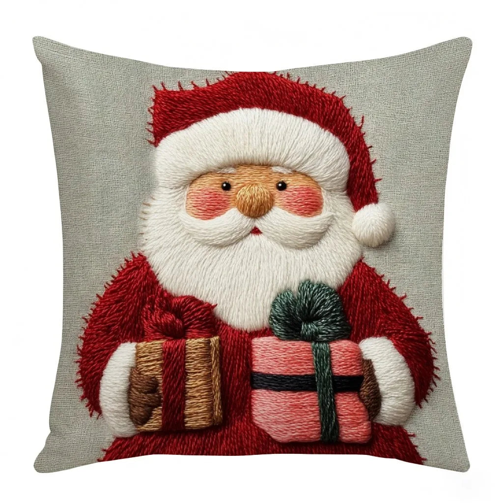 45cm Grey & Red Christmas Pillow – Santa, Snowman & Elk