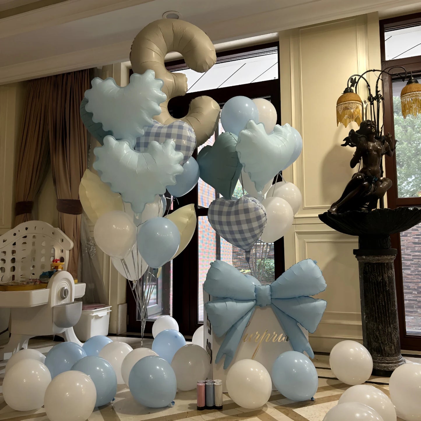 42pcs Checkered heart balloon number set light fresh blue