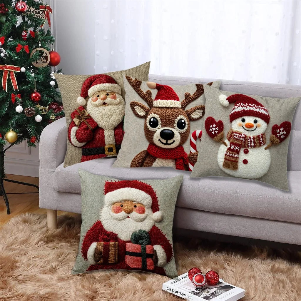 45cm Grey & Red Christmas Pillow – Santa, Snowman & Elk