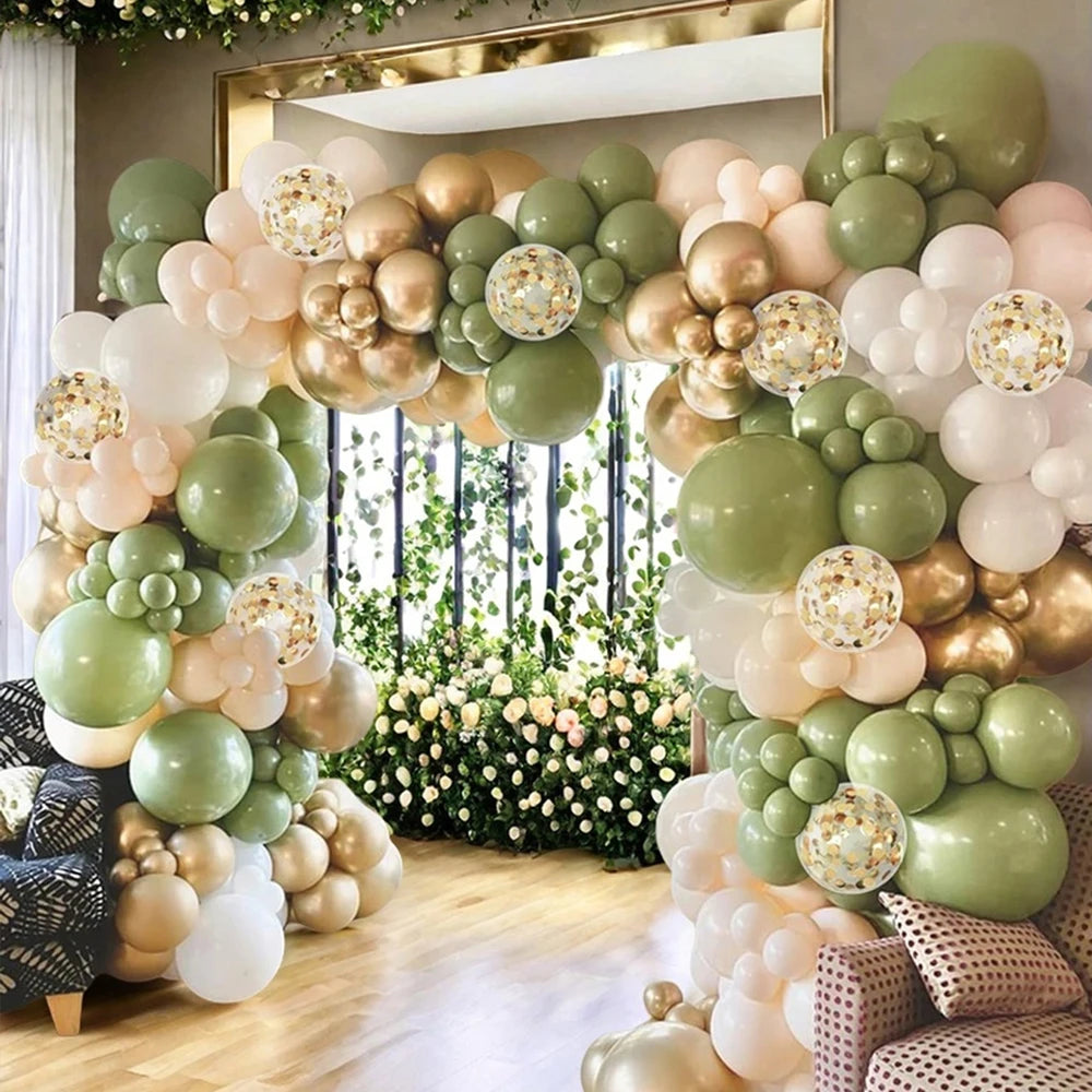 Sage Green and Gold Balloon Arch Decorative 132pcs